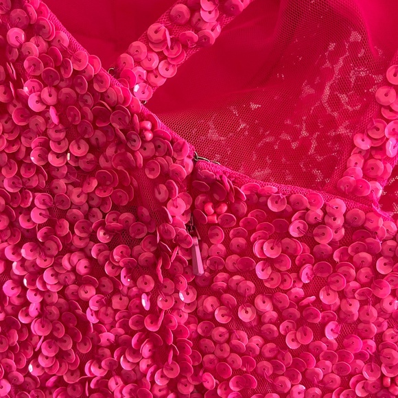 SHERRI HILL | 54330 One Shoulder High Slit Sequin Dress in Neon Pink | Size 0 - Picture 9 of 16